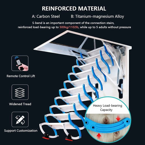 Heavy Duty Electric Attic Ladder With Remote Pull Down Loft Stair Folding Steel Ceiling Access Retractable Staircase showing reinforced carbon steel steps with blue grips.