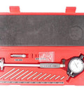 Oudtinx dial bore gauge set in red case, front view, with 2.0–6.0 in range, dial indicator, and extension rods.