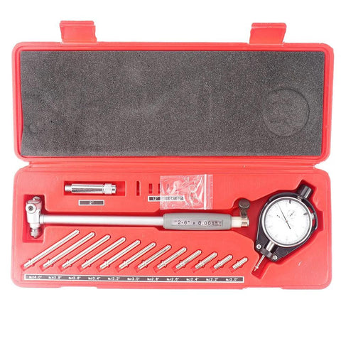 Oudtinx dial bore gauge set in red case, front view, with 2.0–6.0 in range, dial indicator, and extension rods.