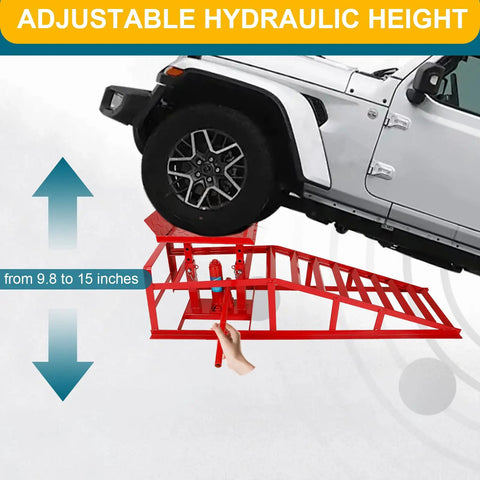Red Hydraulic Car Ramps 5 Ton Heavy Duty Steel Car Lift Ramps With Hydraulic Jack lifting vehicle 9.8 to 15 inches