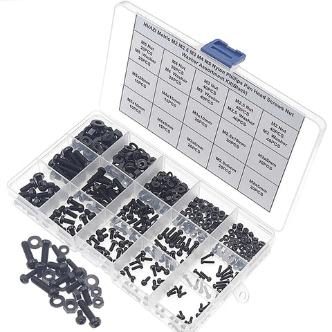 Metric M2 M2.5 M3 M4 M5 Nylon Phillips Pan Head Screws Nuts And Washers Assortment Kit Black 510 Piece Set in open box