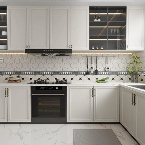 Modern kitchen with Black and Gold Cabinet Pulls Set, 25 Pack, 3 Inch Center to Center Modern Kitchen Handles on white cabinets.