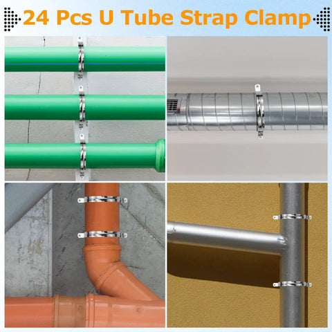 4 Inch Conduit Clamp Set 24 Pack With Screws Beefy Heavy Duty Stainless Steel U-Brackets For Rigid Pipe Support 2-Hole Strap Clamps Durable 304 Stainless Steel Hardware Easy Install For Piping Systems installed on pipes and ducts