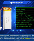 Hella Reliable 3.7V 1000mAh 102050 Lipo Rechargeable Battery Pack With Micro Jst 1.25mm Two Pin Lead, shown with specs and connector details.