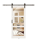 Front view of 30 Inch By 84 Inch Mirrored Barn Door Set With 3 Lite Mirror Panels, 6 Foot Sliding Hardware Kit, Pre Drilled White MDF Double Door Slab