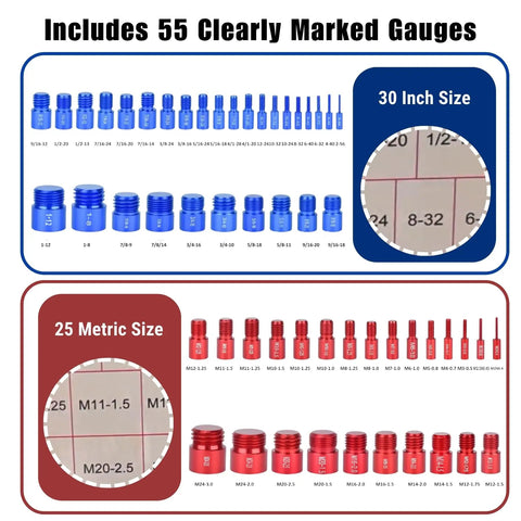 Image of a 55-Piece Nut And Bolt Thread Checker Kit With 30 SAE and 25 Metric Sizes Aluminum Thread Gauge for Quick Size ID Gear.