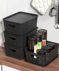 Six Pack Plastic Storage Baskets With Lids For Easy Organization, stackable ventilated bins BPA free durable black containers