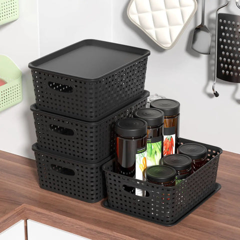 Six Pack Plastic Storage Baskets With Lids For Easy Organization, stackable ventilated bins BPA free durable black containers
