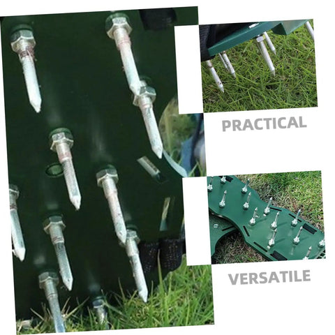 40 Pcs Metal Aerator Shoes Spikes For Lawn And Grass Heavy Duty Turf Aerator Stakes showing metal spikes on green shoes