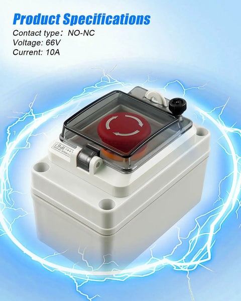 Emergency Stop Push Button Switch Box With Red Momentary Button And IP67 Waterproof Cover, 660V 10A Rated, Ideal NO NC Cutoff