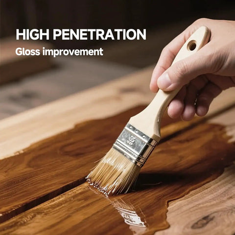 Water Based Wood Stain And Sealer In One Vintage Furniture Finish 32 Oz Container applied with a brush on wood surface.