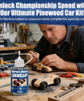 Man assembling model cars with Pinewood Derby Graphite Powder Lubricant Kit; includes 50ml high purity 3000 mesh dry graphite.