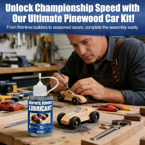 Man assembling model cars with Pinewood Derby Graphite Powder Lubricant Kit; includes 50ml high purity 3000 mesh dry graphite.