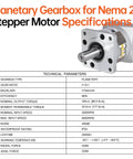 10 To 1 Planetary Gearbox For Nema 23 Stepper Motor 60 To 74 Mm Housing Backlash 15 Arcmin image with technical specifications table
