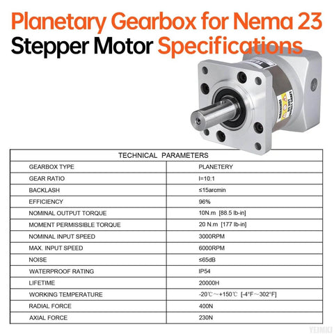 10 To 1 Planetary Gearbox For Nema 23 Stepper Motor 60 To 74 Mm Housing Backlash 15 Arcmin image with technical specifications table