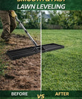 Heavy Duty Lawn Leveling Rake With 72 Inch Stainless Steel Handle leveling uneven soil for smooth lawn surface.