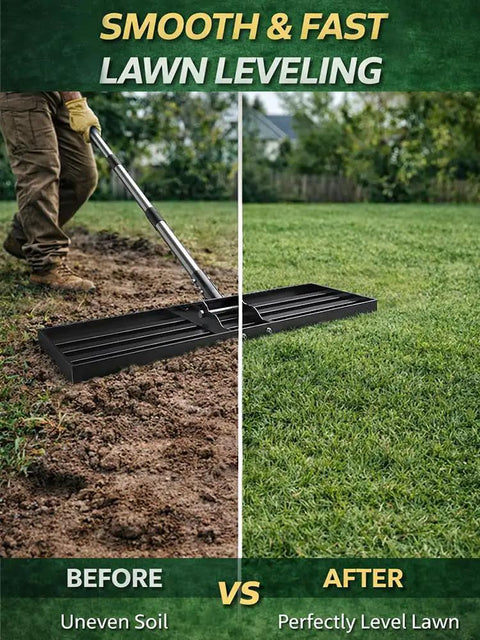 Heavy Duty Lawn Leveling Rake With 72 Inch Stainless Steel Handle leveling uneven soil for smooth lawn surface.