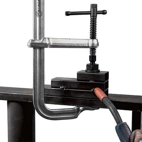 Regular Duty Bar Clamp, 8.5 Inch Capacity, 2400 Lbs Clamping Pressure, 5.5 Inch Throat Depth clamping metal on workbench
