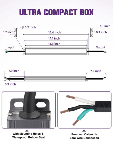 Dimensions and connection details of 150W LED Dimmer Driver Power Supply 100-277V AC To 24V DC 6.2A Dimmable