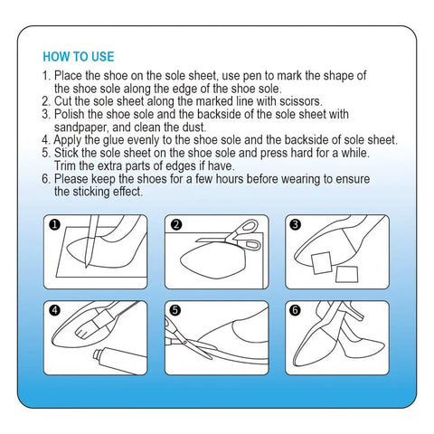 Instruction guide for using Two Pairs Shoe Sole Repair Rubber Sheets For Front Soles And Heels Anti Slip Noise Reduction Pads.