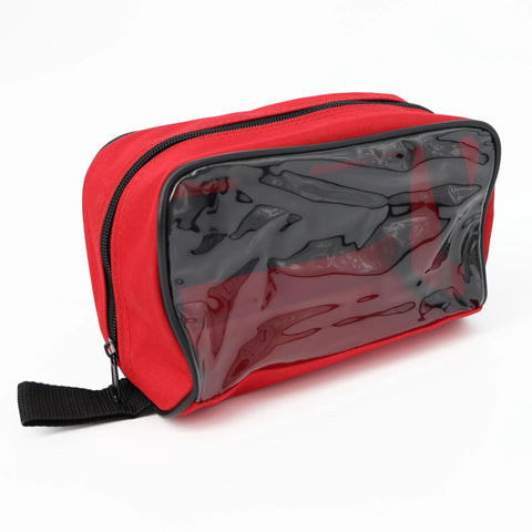 Red zippered first aid kit pouch with clear window, front view.