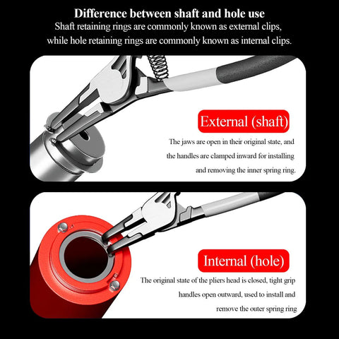External vs Internal clip retaining rings usage guidance with tool handling for 65Mn Spring Steel E-Rings explanation.