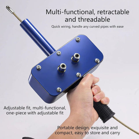 Asixxsix Wall Electric Wire Puller With Drill Adapter And 15 Meter Cable Automatic Pipe Threading, blue ergonomic handle in use.