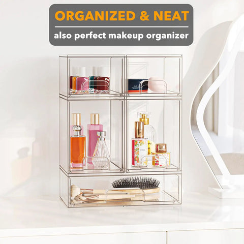 Multi Size Baby Bottle Storage Rack With Stackable Acrylic Drawers Keeps Your Counter Tight And Clutter Free Total Game Changer For Nursery Vanities Or Kitchen Cabinet Snag This Easy Access Five Pack Set with bottles and brushes displayed.