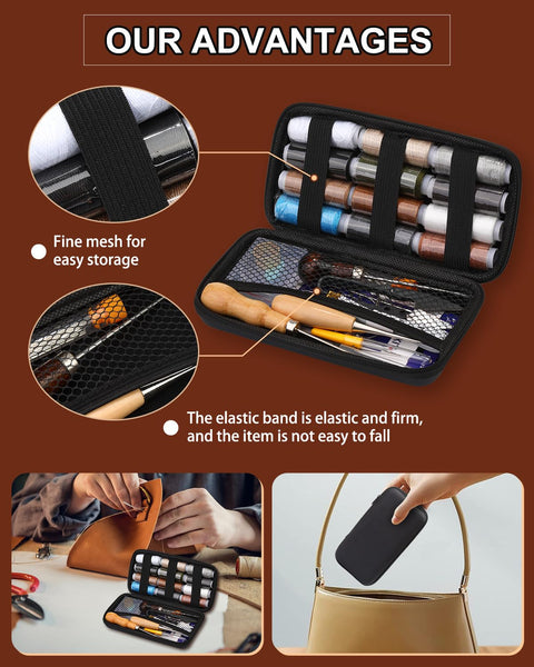 Heavy Duty All In One Sewing Kit with 25 needles, 12 thread spools, 3 awl tools, mesh storage, showcased in a compact case
