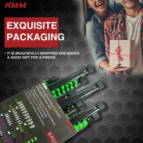9 Piece Socket Organizer Set For 1/2, 3/8, And 1/4 Inch Drives In Green ABS Rail Holder featured in gift packaging.
