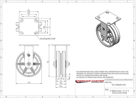 Top Shelf Six Inch V Groove Semi Steel Wheel Rigid Caster Featuring Heavy Duty Roller Bearings For Buttery Smooth Gliding On Factory Floors Rock Solid Build Silver Finish diagram with dimensions and design details.