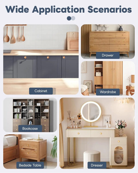 Image showcasing 5 Pack Self Adhesive Cabinet Knobs No Drill Stick On Stainless Steel Handles Antique Gold For Kitchen Cabinets Wardrobes Dressers Cupboards Closets Easy Install No Tools Needed Durable on various furniture: cabinet, drawer, wardrobe, bookcase, bedside table, and dresser.