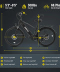 Dimensions diagram of Powerful 1300W Peak Ebike With 840Wh Removable Battery 70 Mile Range 28 MPH Top Speed Dope Electric Bicycle