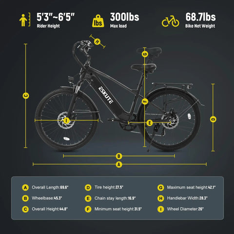 Dimensions diagram of Powerful 1300W Peak Ebike With 840Wh Removable Battery 70 Mile Range 28 MPH Top Speed Dope Electric Bicycle