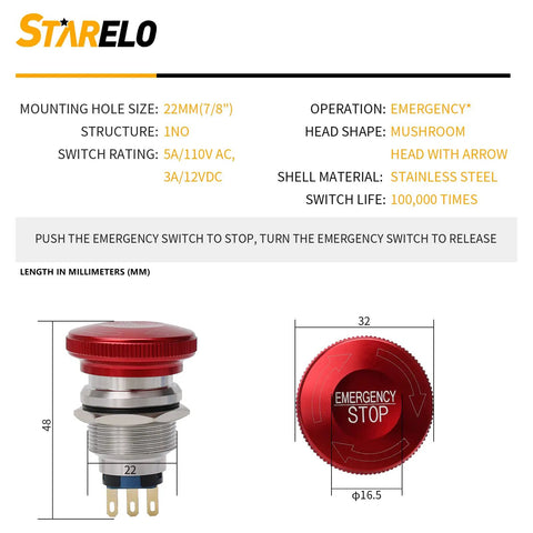 Stainless Steel Emergency Stop Mushroom Push Button Switch With Stop Sign 12-250V AC 5A Prewired Latching 1NO 1NC Twist Reset Seven Eighths Inch Mount Hole 22mm Size High Visibility Stop Control.