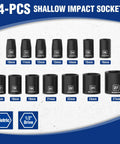 14-piece Shop Grade One Half Inch Metric Impact Socket Set With Shallow Six Points and Hardened Steel Build displayed.