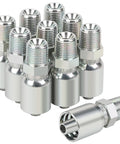 Front view of a set of 10 chrome-plated 3/8 in NPT male hydraulic hose crimp fittings.