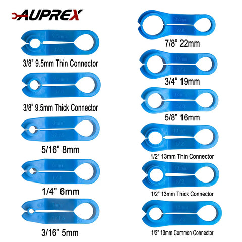 11 Piece AC And Fuel Line Disconnect Tool Set For Ford And More showing various sizes from 3/16 to 7/8 inch in blue plastic.