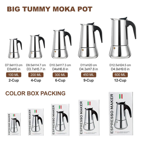 Five stainless steel stovetop espresso makers in various sizes, including Stainless Steel 4 Cup Stovetop Espresso Maker Moka Pot For Home And Camping Induction Compatible Mocha Coffee Brew With Rich Aroma In Just 5 Minutes 200 ml 6.6 oz, shown with box packaging.