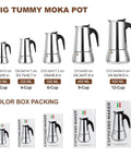 Various sizes of stainless steel moka pots including 2 Cup Stovetop Espresso Maker Stainless Steel Moka Pot For Home Or Camp Easy Brew Induction Ready Brews Rich Espresso In About 5 Minutes With Bold Aroma And Classic Italian Style