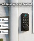Lightning Fast Biometric Fingerprint Deadbolt on a door, water-resistant, featuring keypad with biometric access for hassle-free entry.