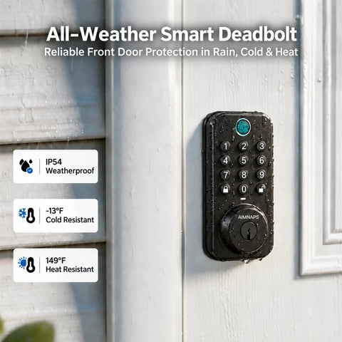Lightning Fast Biometric Fingerprint Deadbolt on a door, water-resistant, featuring keypad with biometric access for hassle-free entry.
