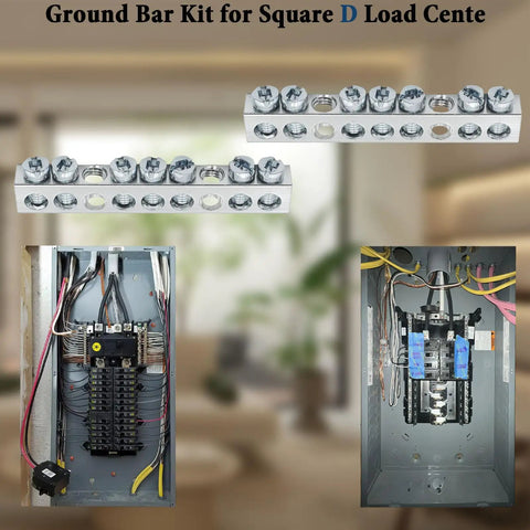 7 Terminal Grounding Bar Kit For QO Load Centers, Compatible With Schneider Electric, shown installed in electrical panels.