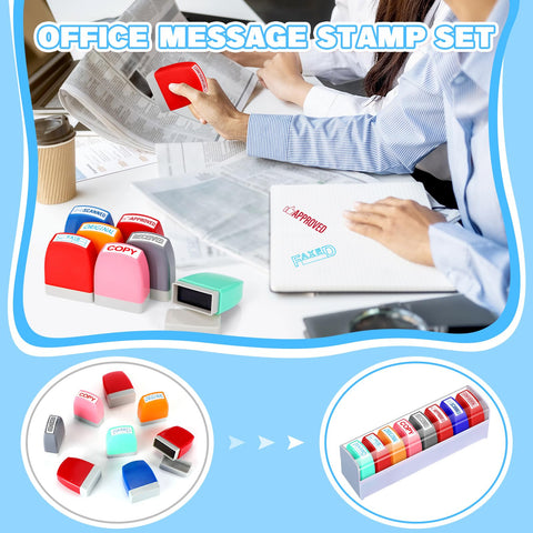 Fresh Out The Box 8 Piece Pre Inked Office Stamp Set With Bold Multicolor Plastic Handles for marking documents during office work.