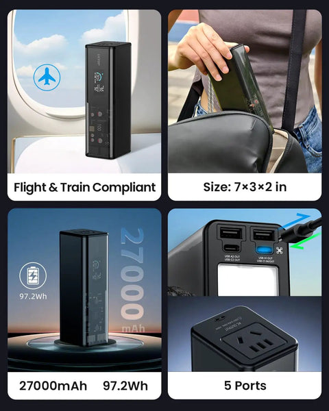 Drone Power Station With USB-C Fast Charging For DJI And More Portable 27000mAh 100Wh Power Bank 5 Ports LCD Screen LED Modes All-In-One Charging Hub For Drones Controllers And Cameras, shown in various settings, highlighting features and compatibility.