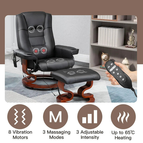 Reclining Massage Chair With Faux Leather Finish Cozy Ottoman 360 Degree Swivel Wood Base Black Living Room Recliner