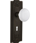 Meadows Plate With Keyhole White Porcelain Privacy Door Knob In Oil Rubbed Bronze, Old School Vintage Vibe Privacy Set For Two And Three Eighths Backset Doors That Fits Modern Or Vintage Doors With Easy Installation