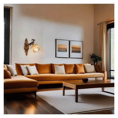LMAPLUMP Wall Lamp Wall Sconce Classical European Vintage Antique Zinc Alloy Flower Glass Shade Crystal Accents Light for Bedroom Bedside beside a stylish orange sofa in a modern living room.