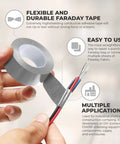 Heavy Duty Faraday Shield Tape 2 Inch By 65 Feet Conductive Cloth Adhesive shown with hand demonstrating tape's flexibility and uses