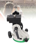 Easy Setup Equatorial Mount Base showing 90-degree adjustable feature with knobs and black metal structure on top of white body.